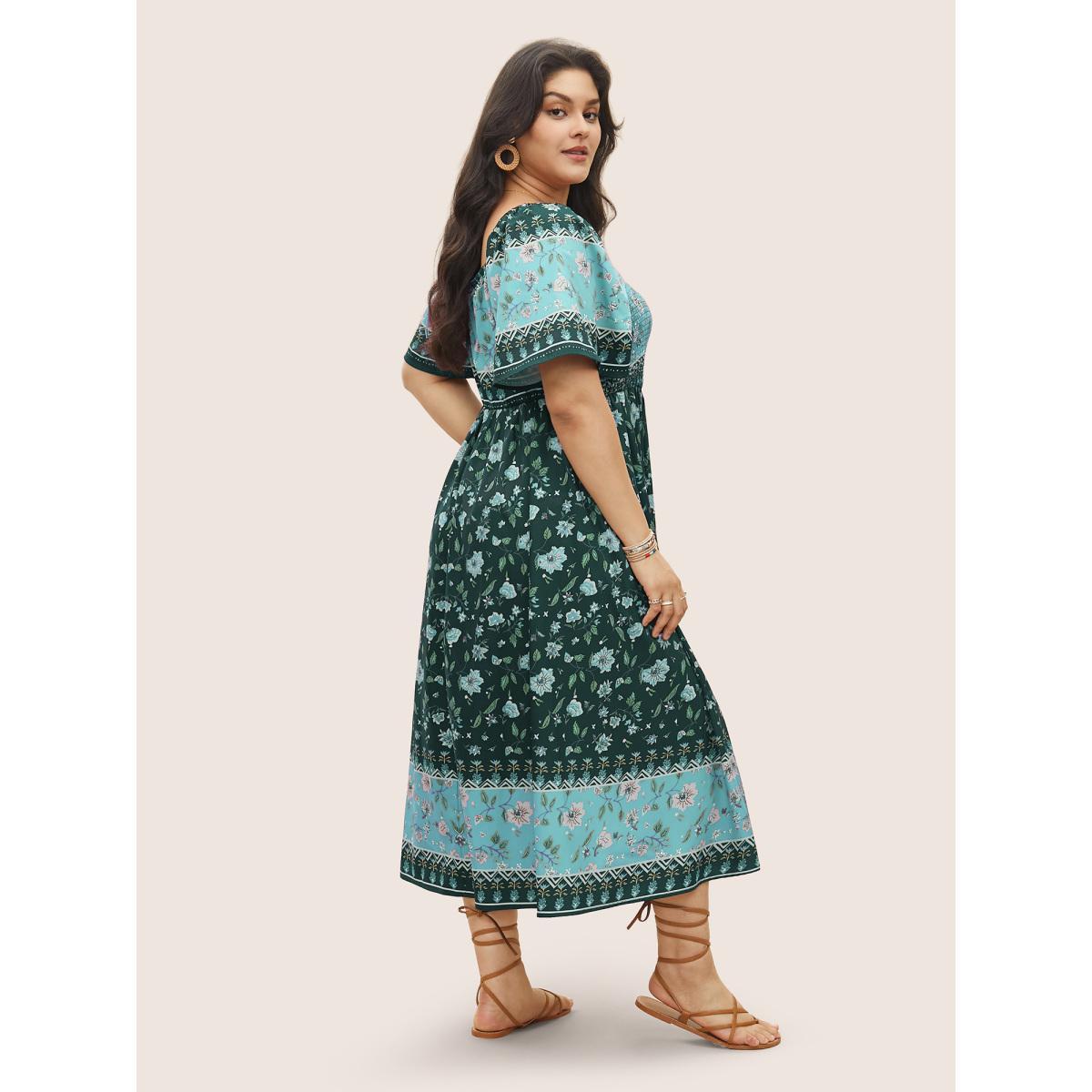 Plus Size Ditsy Floral Shirred Patchwork Ruffle Sleeve Dress Turquoise Women Resort Shirred Square Neck Short sleeve Curvy Midi Dress BloomChic 10/M Product Image