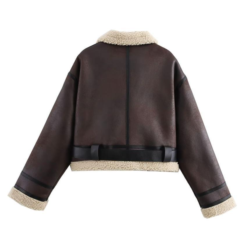 Collared Faux Shearling Zip Belted Jacket Product Image