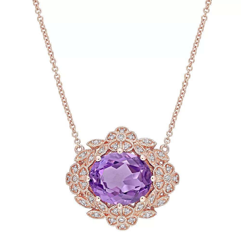 Stella Grace 14k Rose Gold Amethyst & 1/5 Carat T.W. Diamond Floral Vintage Frame Pendant Necklace, Women's, Size: 17" Product Image