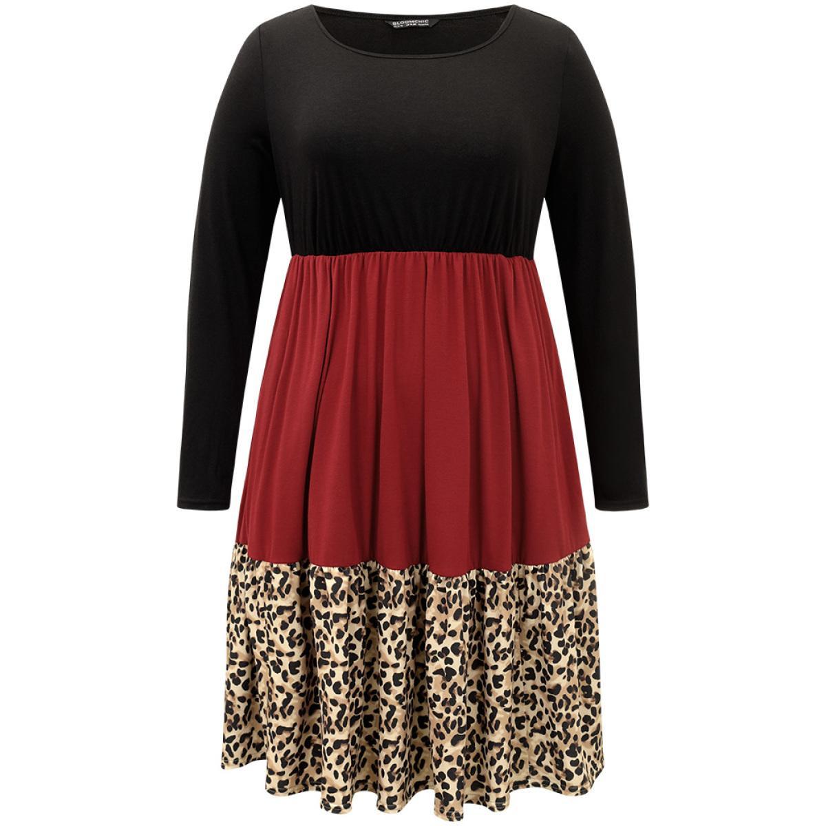 Plus Size Supersoft Essentials Colorblock Contrast Leopard Dress Black Women Casual Patchwork Round Neck Long Sleeve Curvy Midi Dress BloomChic 30/6X Product Image