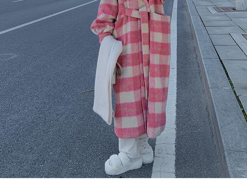 Lapel Collar Plaid Tie Waist Long Coat Product Image