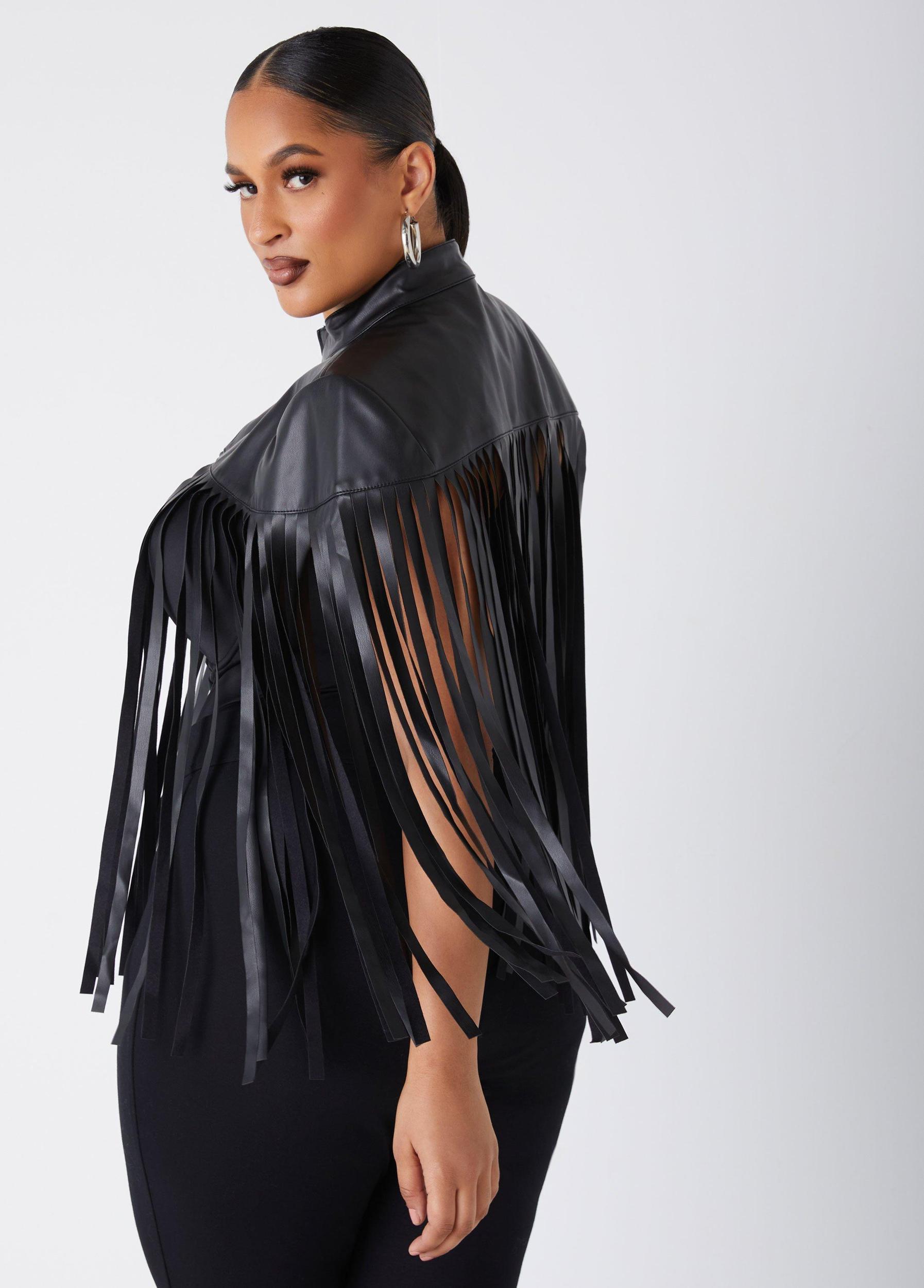 Plus Size Fringed Faux Leather Cape Jacket Ashley Stewart Product Image