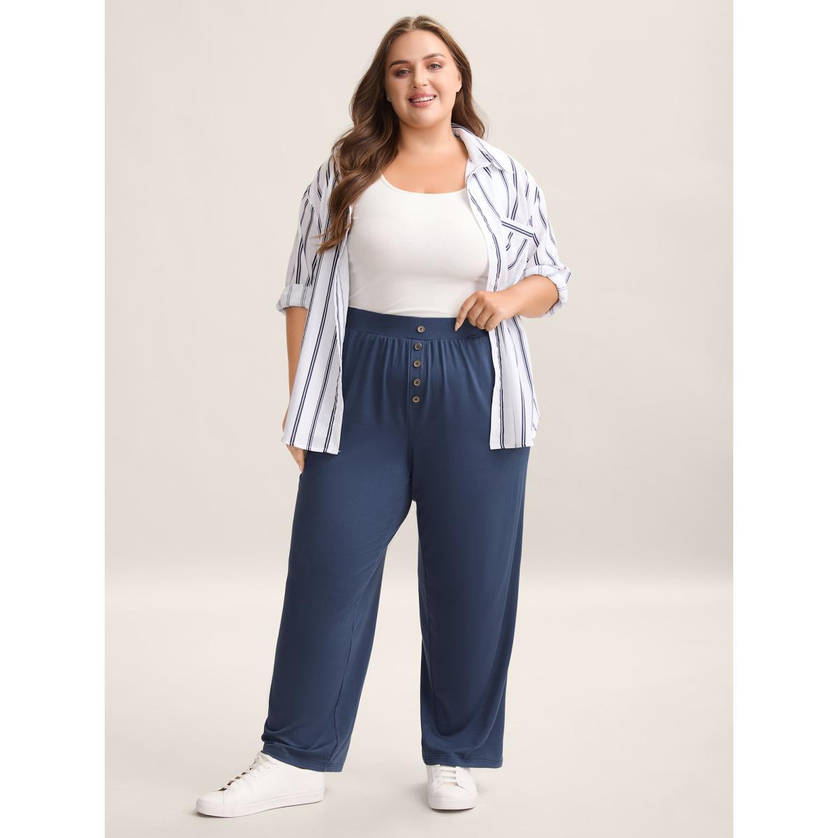 Plus Size Button Front Pleated Comfy Fit Pants Women Indigo Casual Wide Leg Mid Rise Everyday Pants BloomChic 12/L Product Image