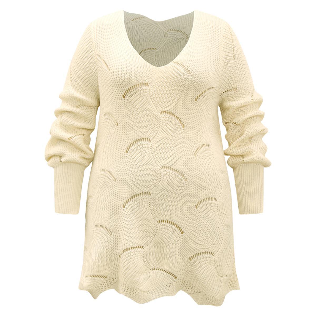 Plus Size Hollow Out Asymmetrical Hem Pullover Apricot Women Casual Loose Long Sleeve V-neck Dailywear Pullovers BloomChic 14-16/1X Product Image
