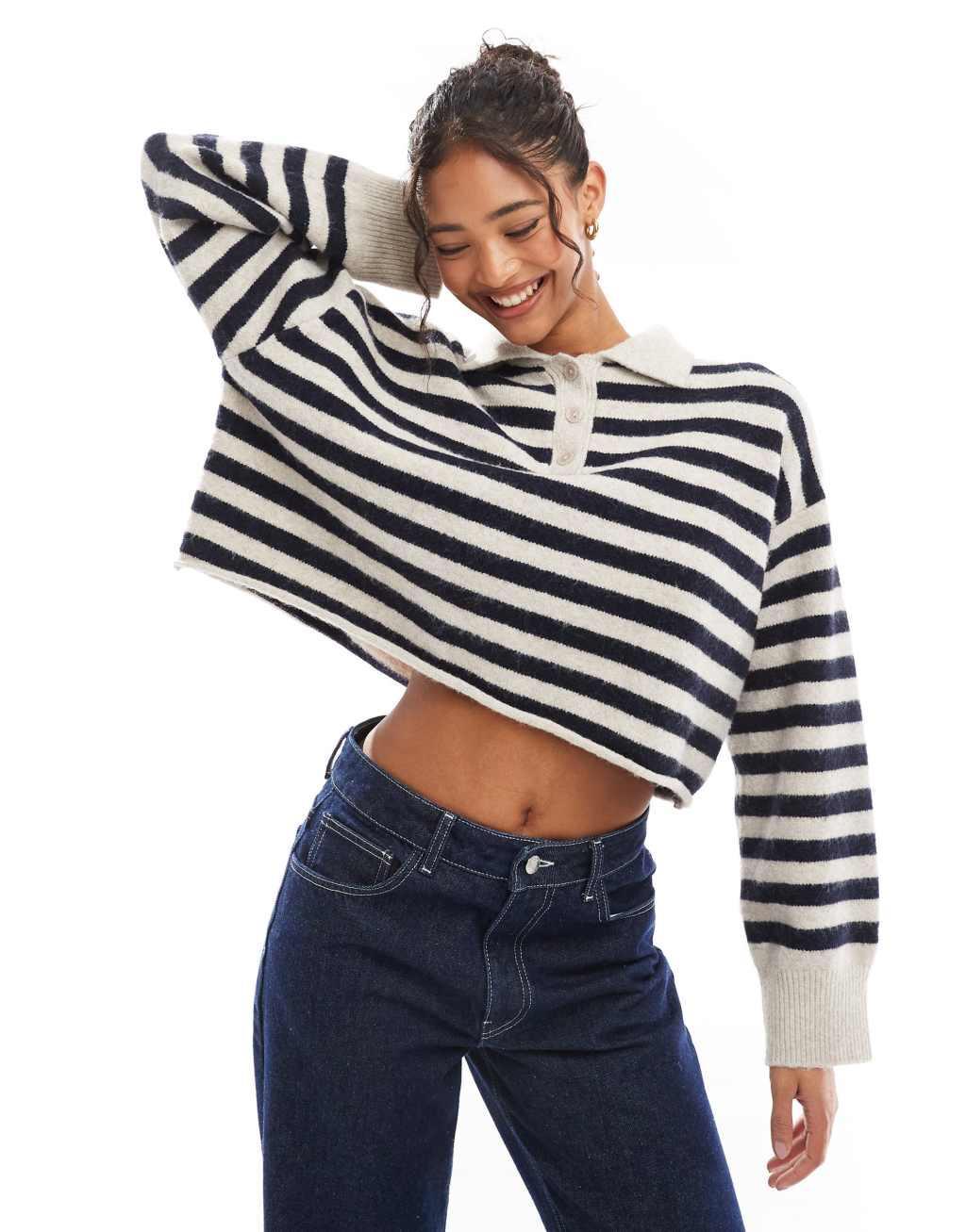 Bershka textured knitted polo sweater in black and tan stripe Product Image