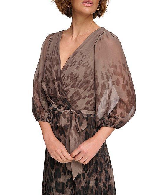 DKNY by Donna Kara Printed Chiffon Surplice V-Neck Belted Fit & Flare Midi Dress Product Image