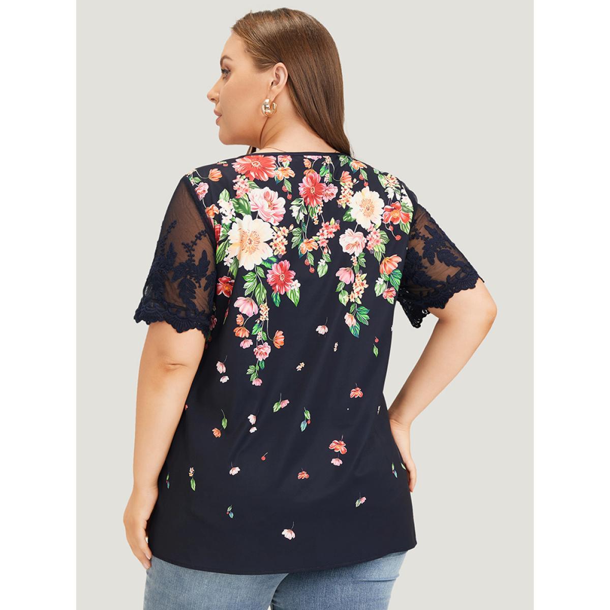 Plus Size Indigo Floral Pleated Mesh Lace Sleeve Square Neck Blouse Women Vacation Short sleeve Square Neck Dailywear Blouses BloomChic 18-20/2X Product Image