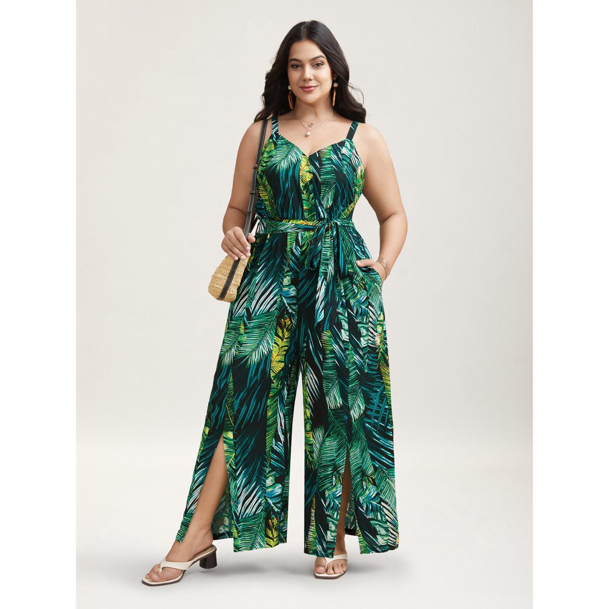 Plus Size BlackFlower Tropical Leaf Print Stretchy Belted Slit Jumpsuit Women Resort Sleeveless Overlap Collar Vacation Loose Jumpsuits BloomChic 14-16/1X Product Image