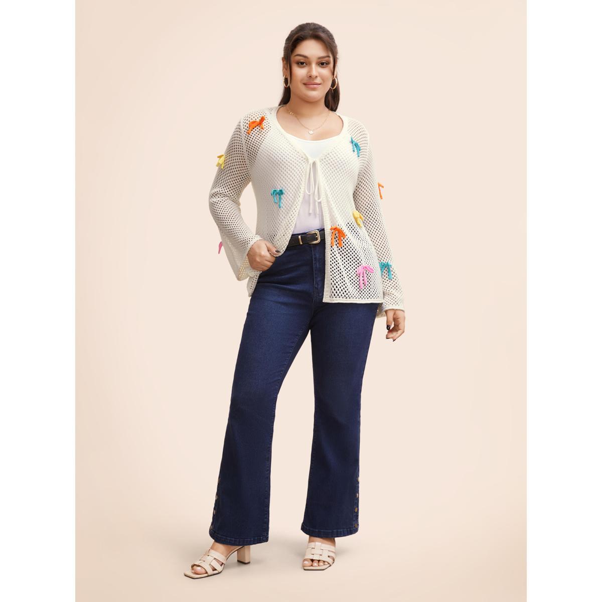 Plus Size Bowknot Tie Knot Bell Sleeve Cardigan Ivory Women Casual Loose Long Sleeve Everyday Cardigans BloomChic 12/L Product Image