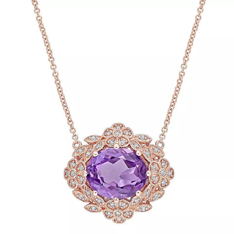 Stella Grace 14k Rose Gold Amethyst & 1/5 Carat T.W. Diamond Floral Vintage Frame Pendant Necklace, Women's, Size: 17" Product Image