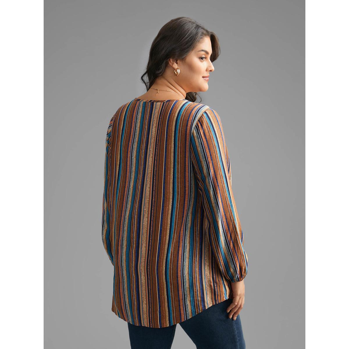 Plus Size Multicolor Contrast Striped Pocket Lantern Sleeve Blouse Women Elegant Extra Long Sleeve V-neck Everyday Blouses BloomChic 18-20/2X Product Image