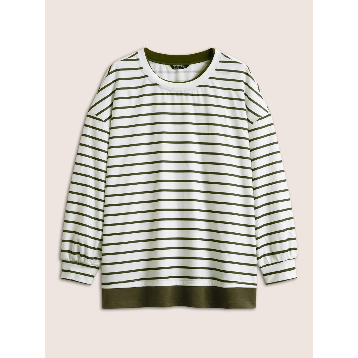 Plus Size 2-In-1 Contrast Striped Patchwork Sweatshirt Women ArmyGreen Casual Contrast Round Neck Everyday Sweatshirts BloomChic 10/M Product Image
