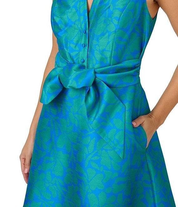 Adrianna Papell V-Neck Collared Sleeveless Tie Front Printed A-Line Dress Product Image
