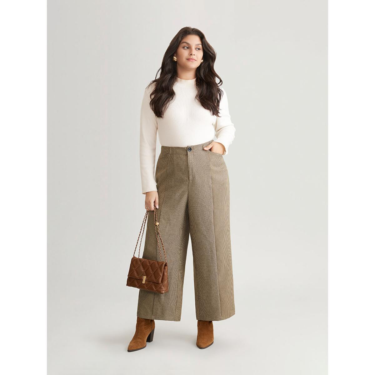 Plus Size Houndstooth Elastic Waist High Rise Straight Leg Pants Women Tan Office Straight Leg High Rise Work Pants BloomChic 18-20/2X Product Image