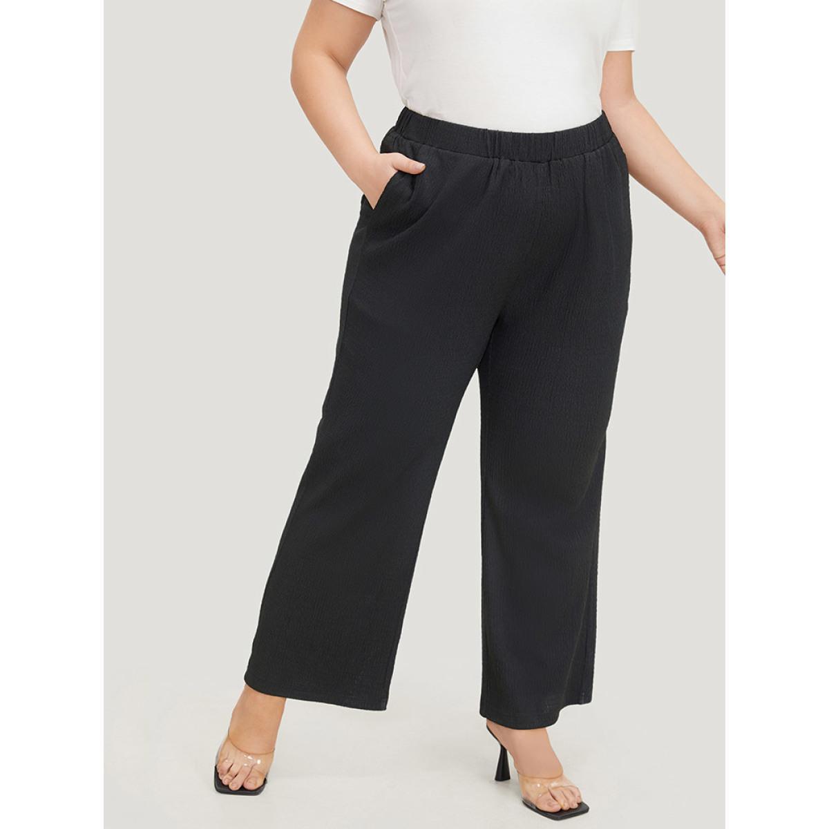 Plus Size Solid Pocket High Rise Elastic Waist Pants Women Black Elegant High Rise Dailywear Pants BloomChic 18-20/2X Product Image
