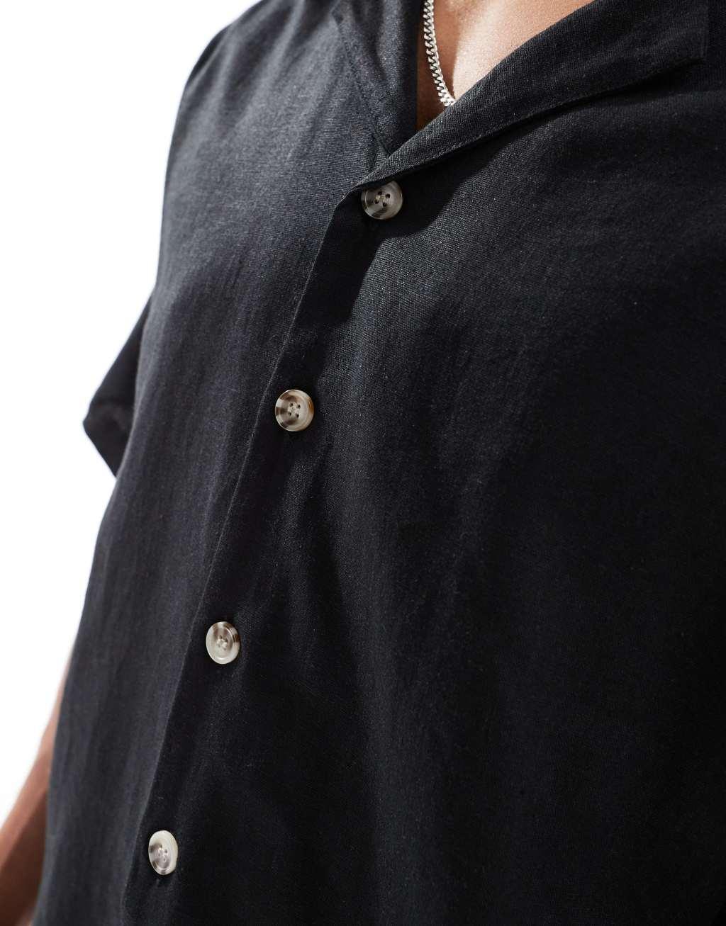 ADPT oversized linen mix revere collar shirt in black Product Image