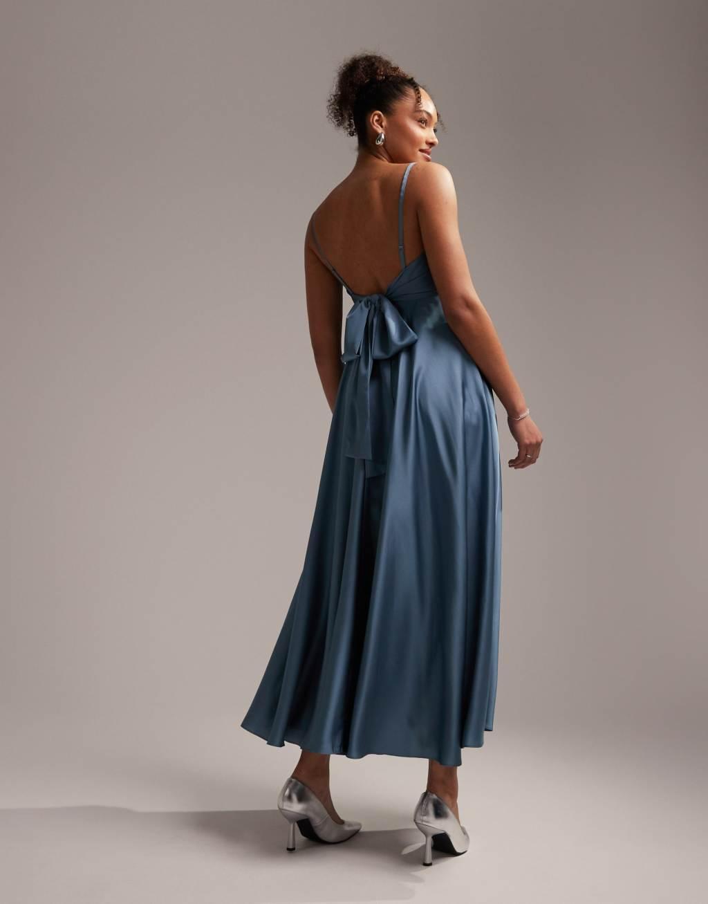 ASOS DESIGN satin midi dress with tie back Product Image