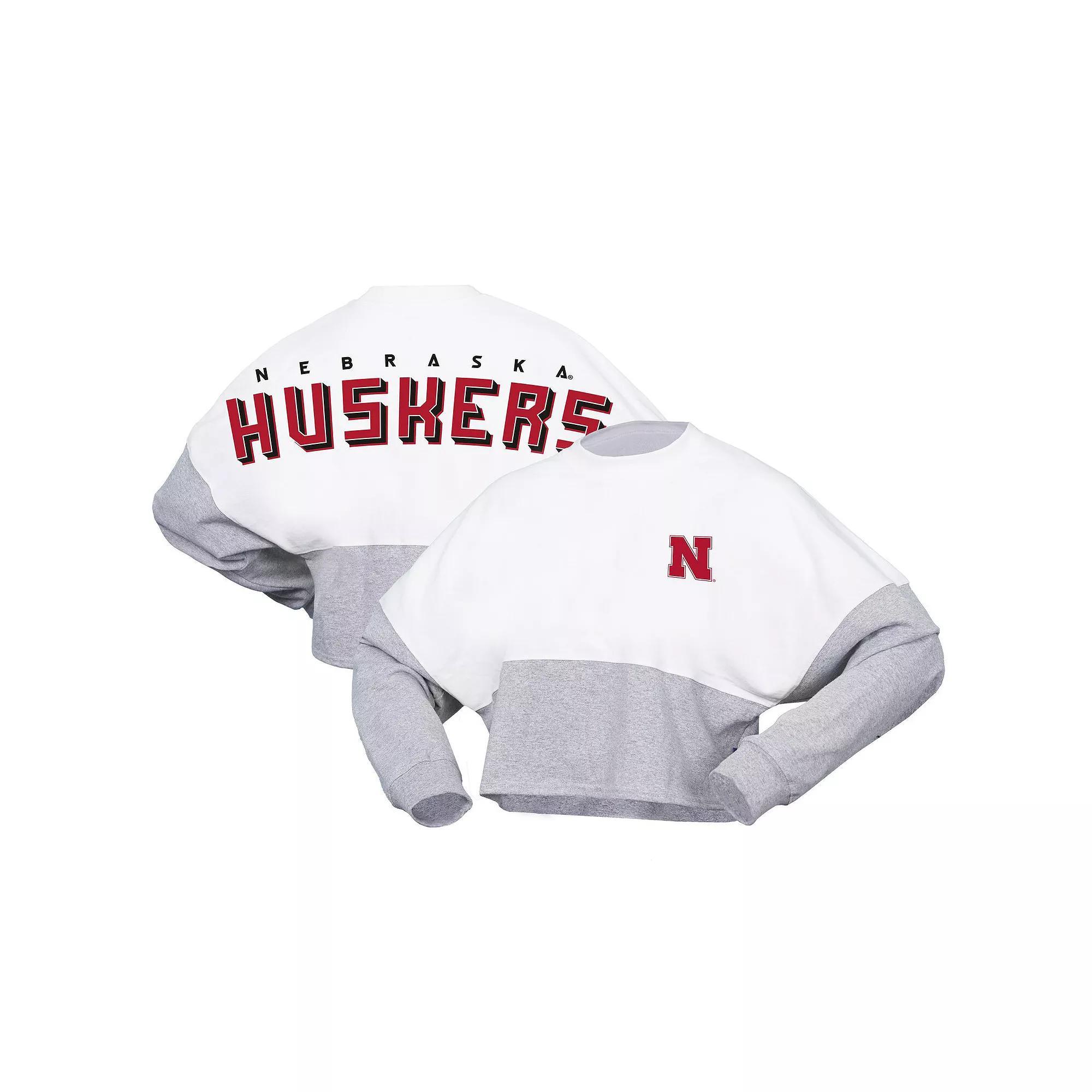 Women's Spirit Jersey  White Nebraska Huskers Heather Block Cropped Long Sleeve Jersey T-Shirt, Size: XS Product Image