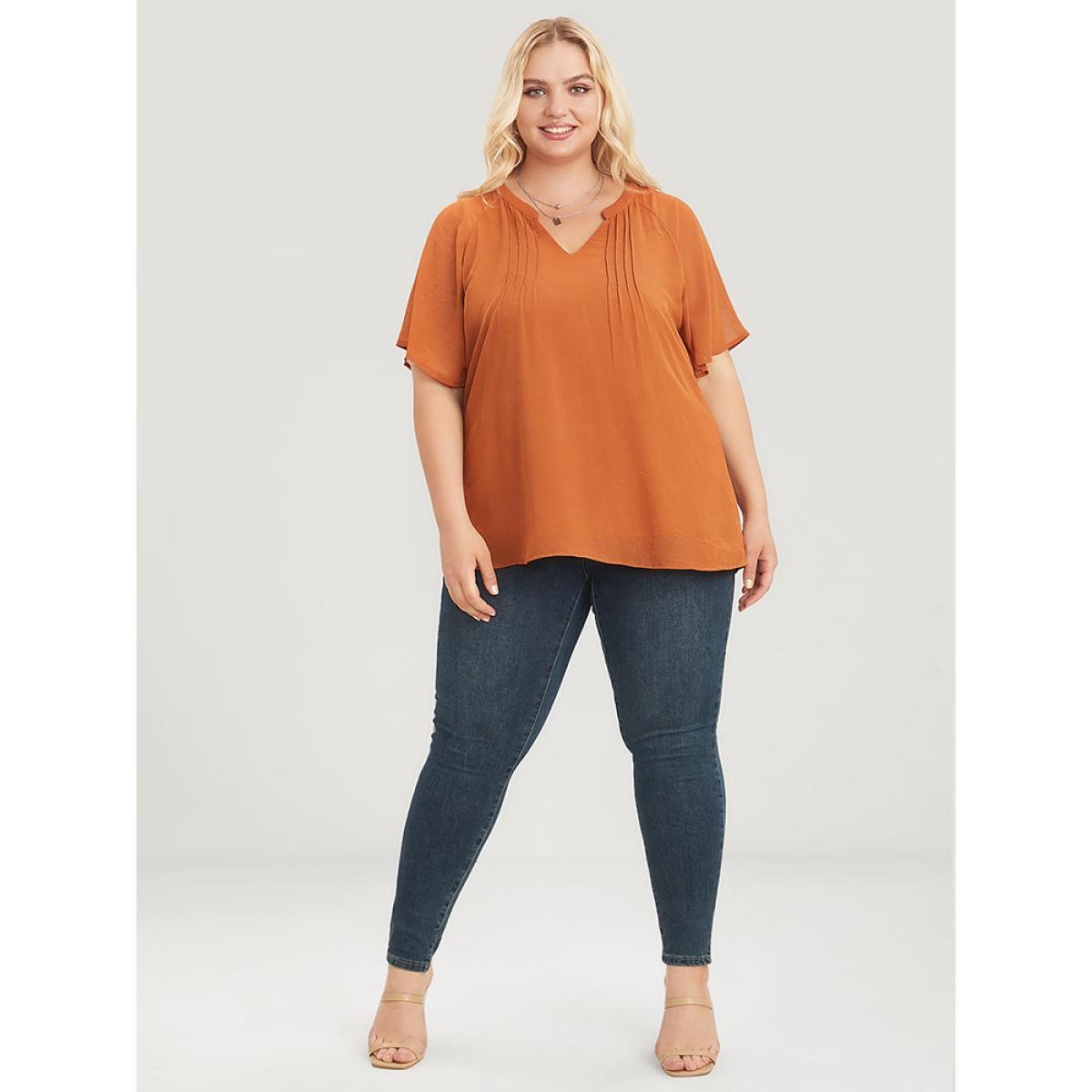 Plus Size Maroon Solid Notched Pleated Mesh Raglan Sleeve Blouse Women Casual Short sleeve V-neck Dailywear Blouses BloomChic 18-20/2X Product Image
