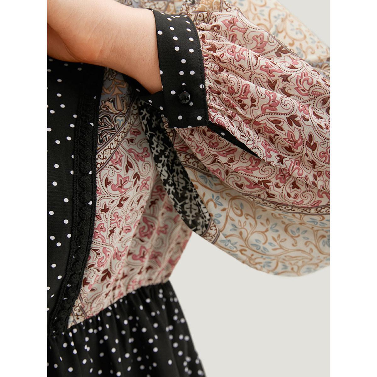 Plus Size BlackFlower Bandana Polka Dot Patchwork Contrast Blouse Women Vacation Long Sleeve V-neck Vacation Blouses BloomChic 30/6X Product Image
