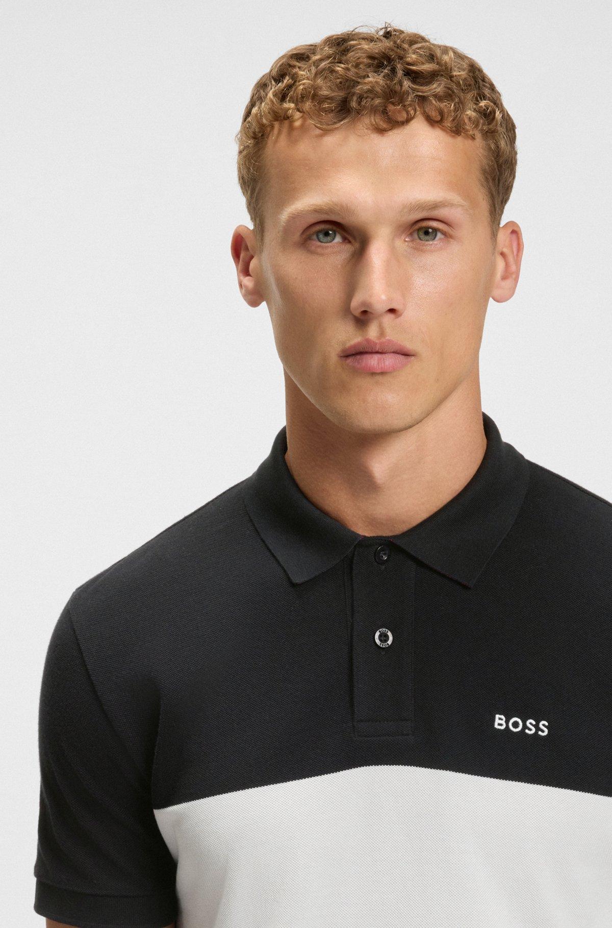 BOSS - Cotton-piqué polo shirt with block stripes - Black Product Image