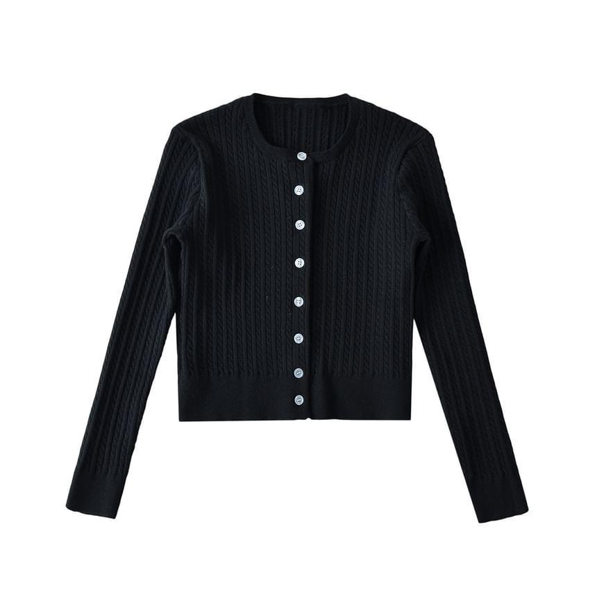Round Neck Plain Cable Knit Cardigan Product Image