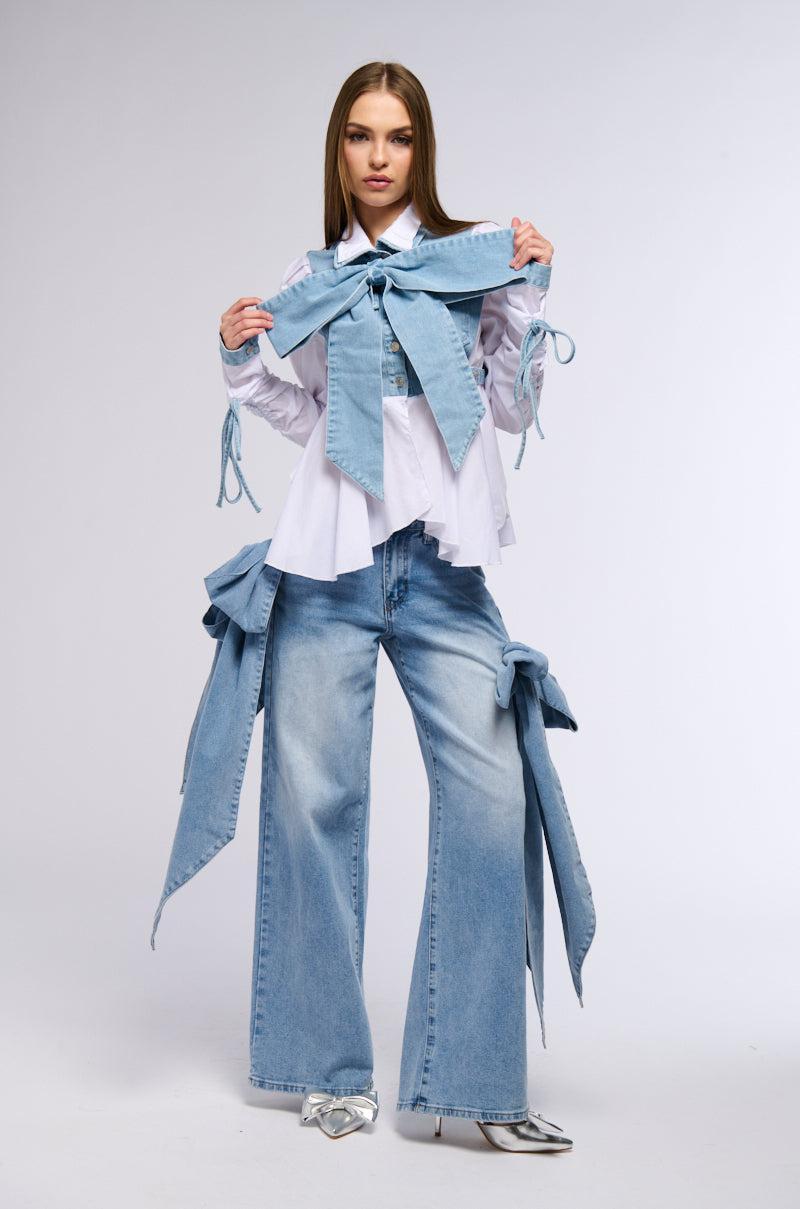 FAITH DENIM TIE POPLIN BLOUSE Product Image