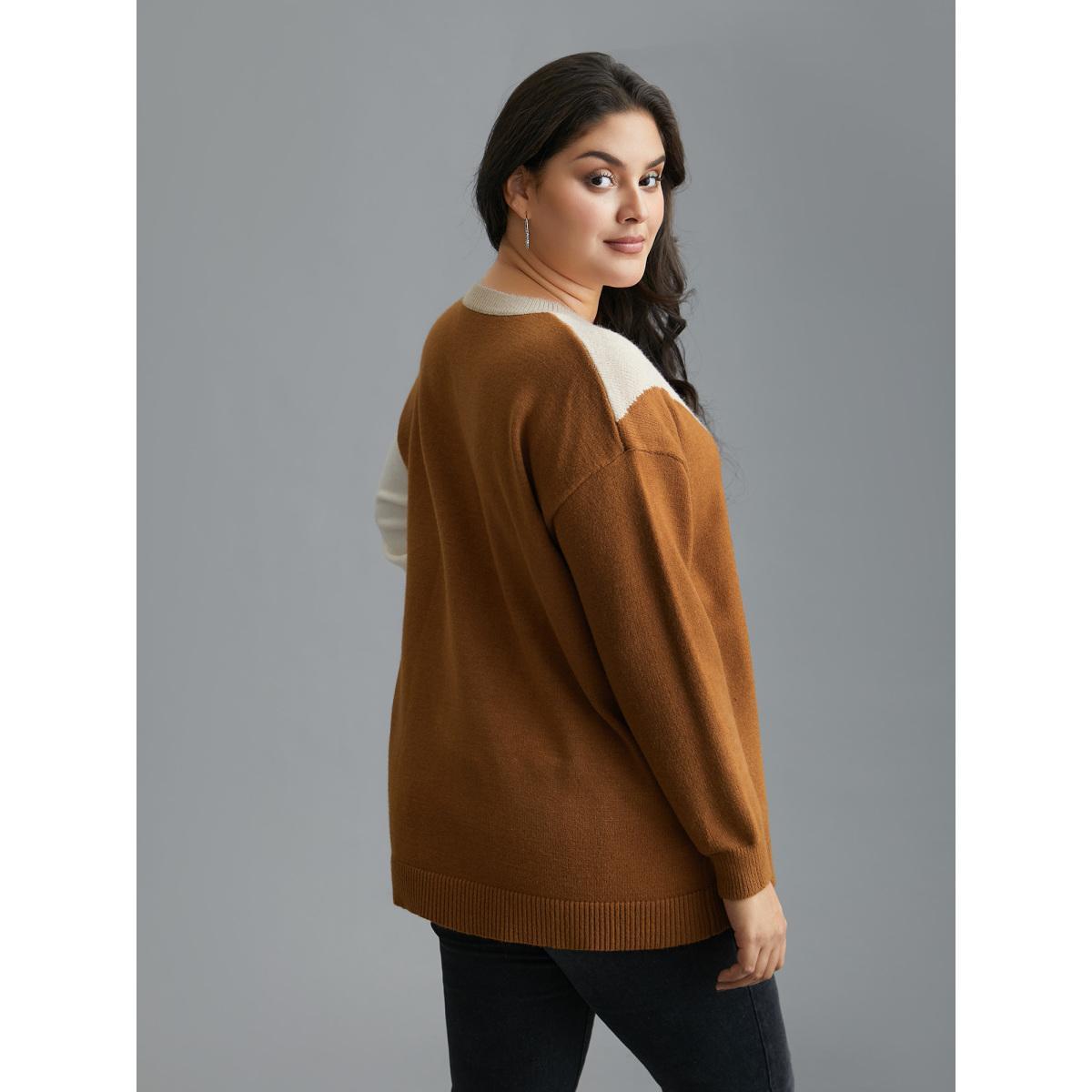 Plus Size Supersoft Essentials Color Block Crew Neck Pullover Yellowishbrown Women Casual Loose Long Sleeve Round Neck Everyday Pullovers BloomChic 12/L Product Image