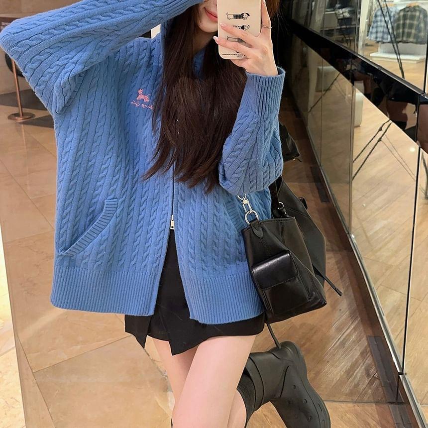 Letter Embroidered Hooded Cable-Knit Zip Cardigan / High Waist Plain Side-Slit Skort Product Image