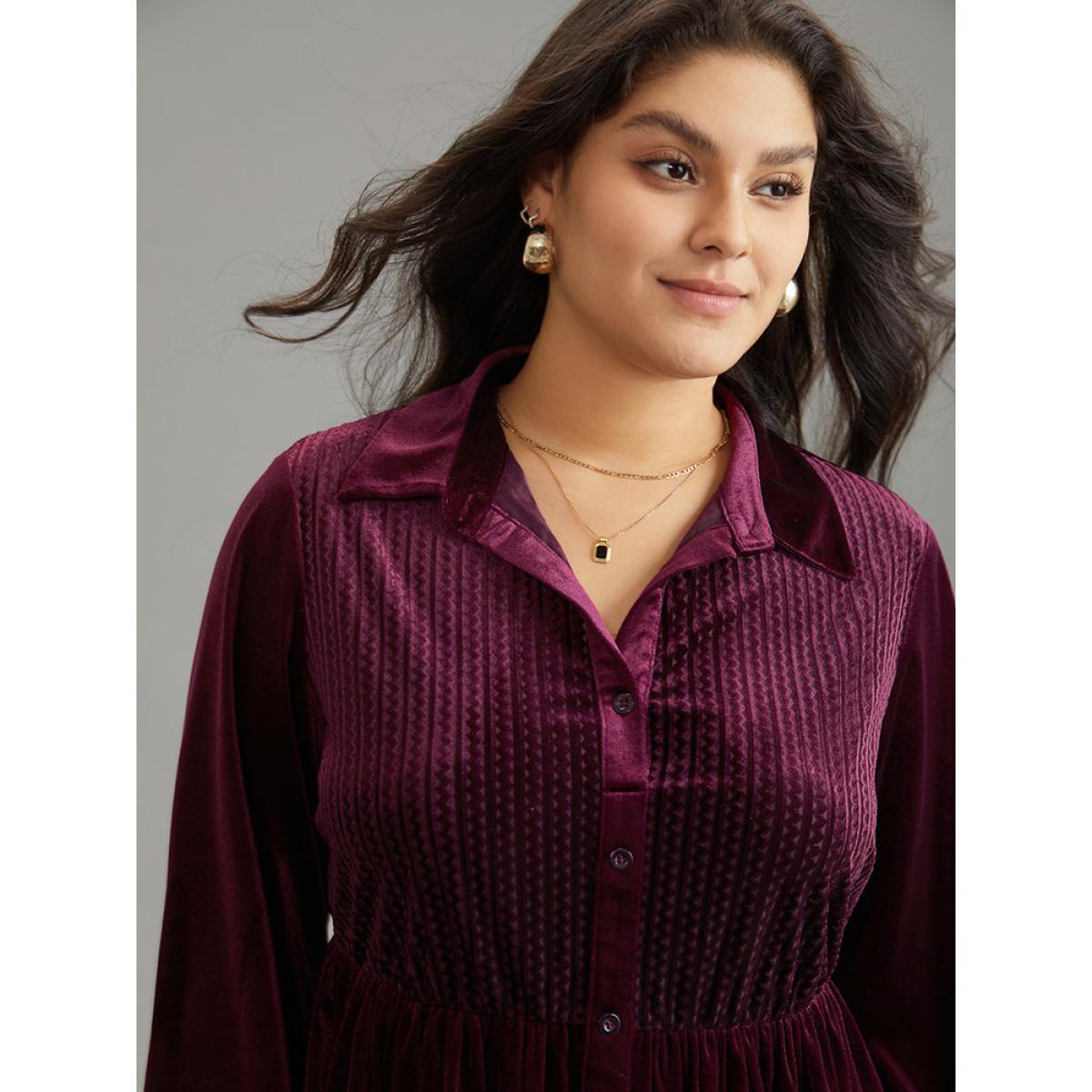 Plus Size Burgundy Shirt Collar Button Through Lantern Sleeve Corduroy Blouse Women Elegant Long Sleeve Shirt collar Dailywear Blouses BloomChic 30/6X Product Image