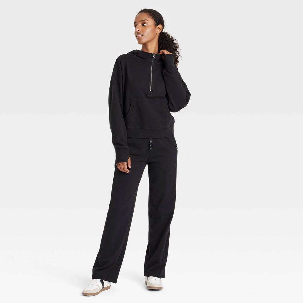 Womens French Terry 1/2 Zip Hooded Pullover Sweatshirt - JoyLab Black XL Product Image