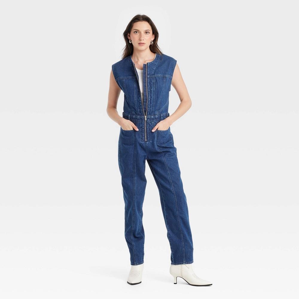 Womens Tailored Jumpsuit - Universal Thread Dark Wash 00: Sleeveless, Relaxed Leg, Front Zipper, Pockets Product Image
