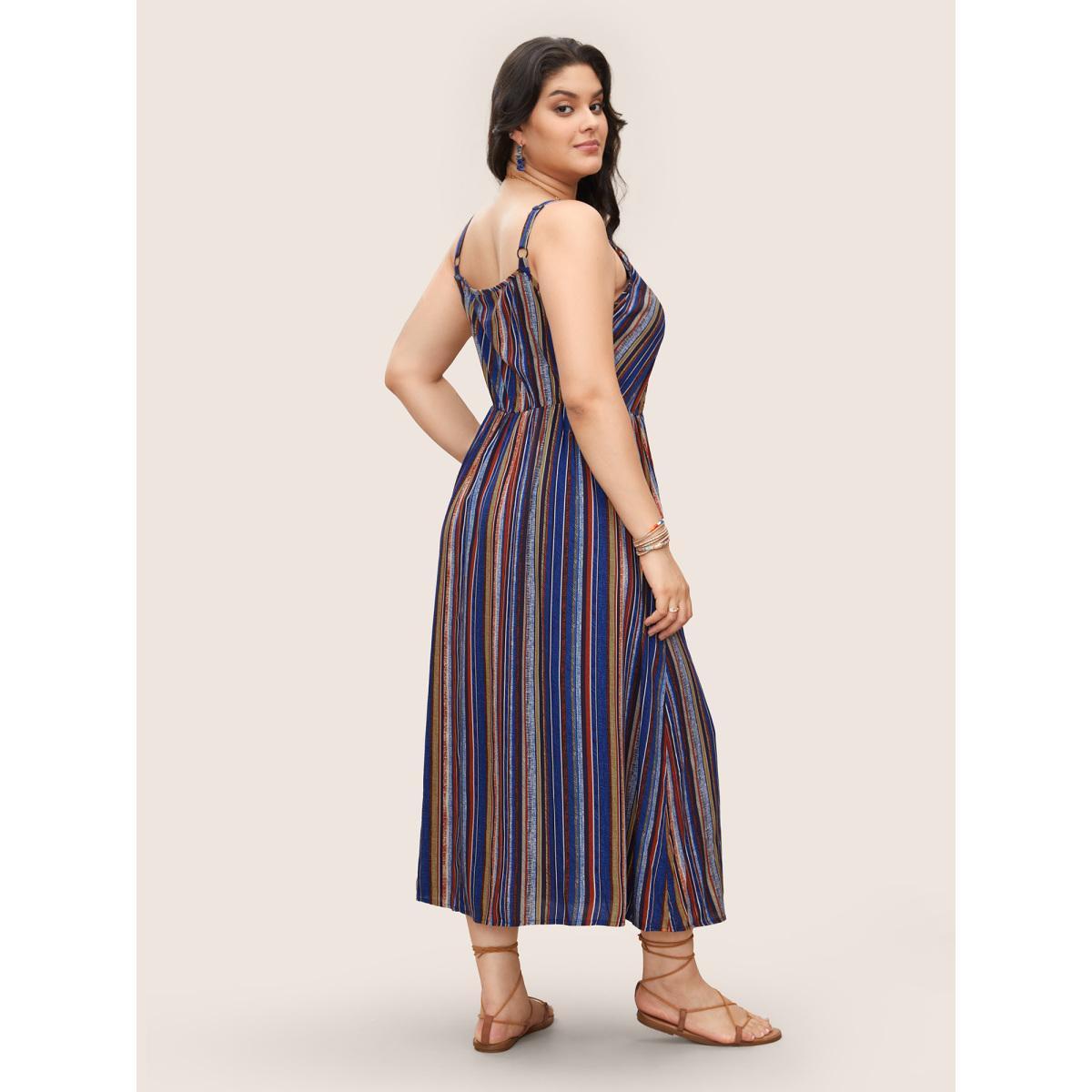 Plus Size Striped Contrast Pocket Split Ruffle Hem Spaghetti Strap Dress DarkBlue Women Resort Non V-neck Sleeveless Curvy Midi Dress BloomChic 28/5X Product Image