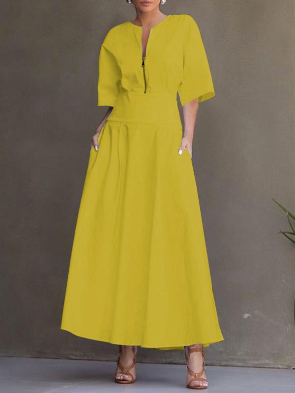 Half Sleeves Loose Solid Color Zipper Round-Neck Maxi Dresses Product Image