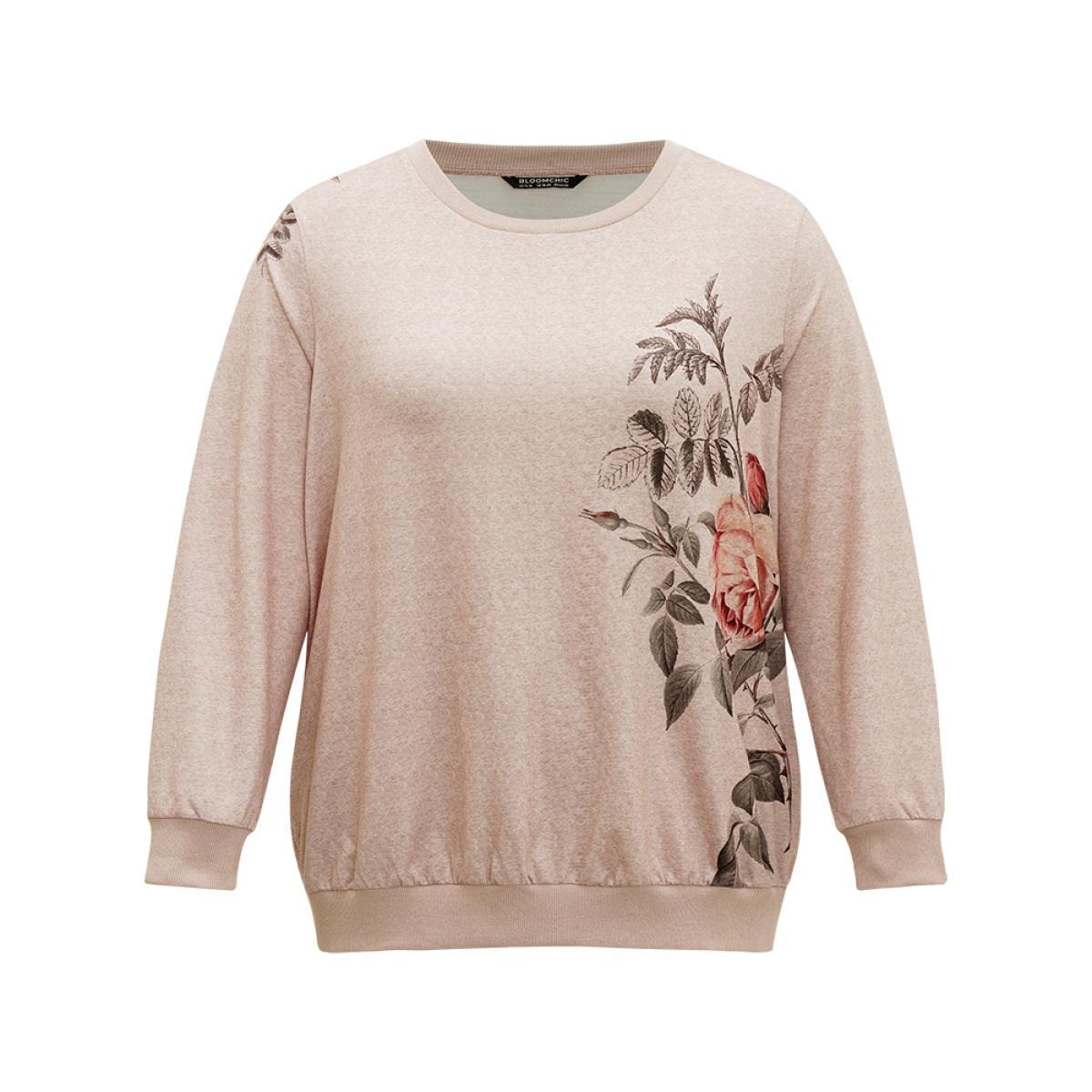 Plus Size Floral Print Elastic Cuffs Sweatshirt Women LightBrown Casual Elastic cuffs Round Neck Dailywear Sweatshirts BloomChic 18-20/2X Product Image