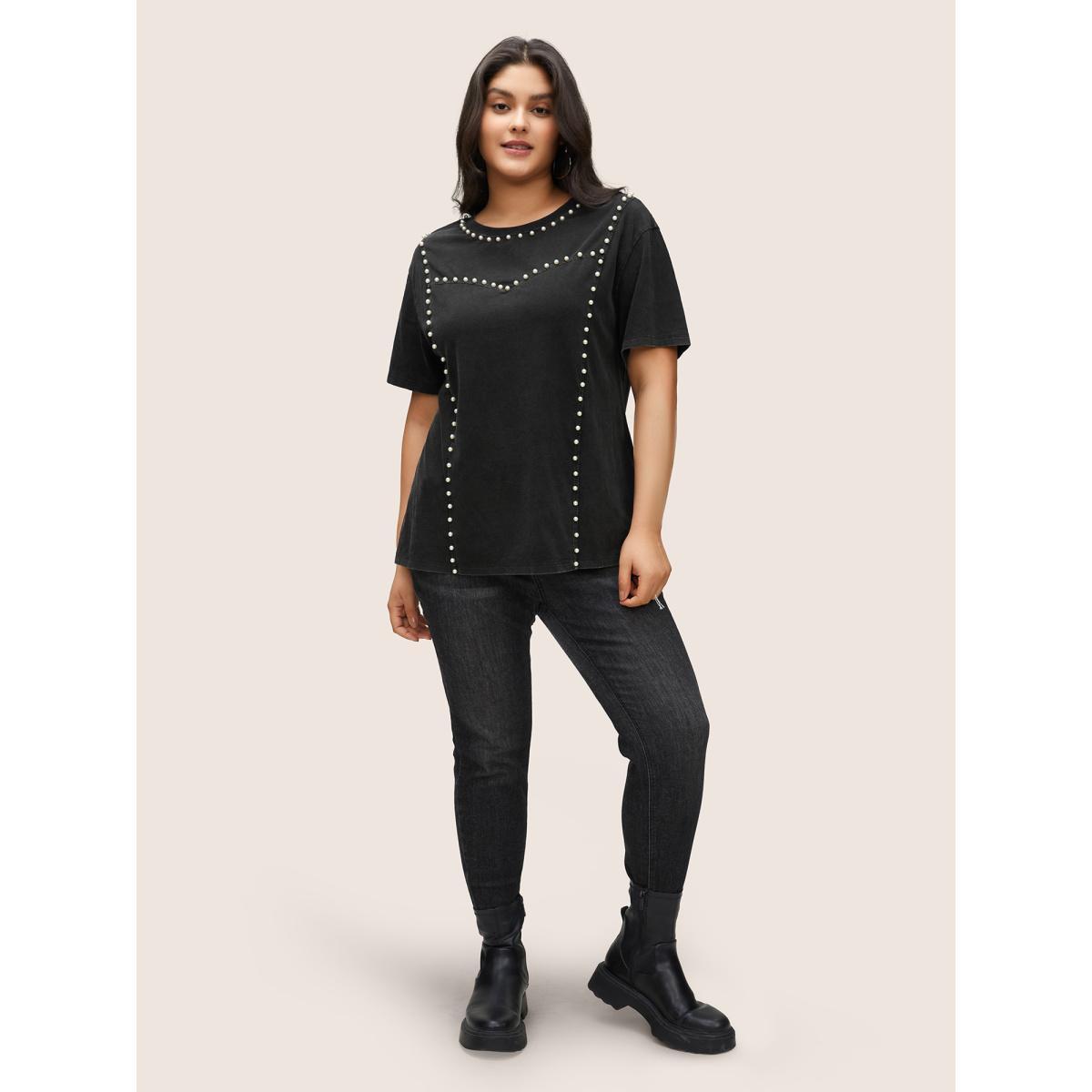 Plus Size Pearl Beaded Vintage Round Neck T-shirt Black Women Casual Beaded Plain Round Neck Everyday T-shirts BloomChic 14-16/1X Product Image