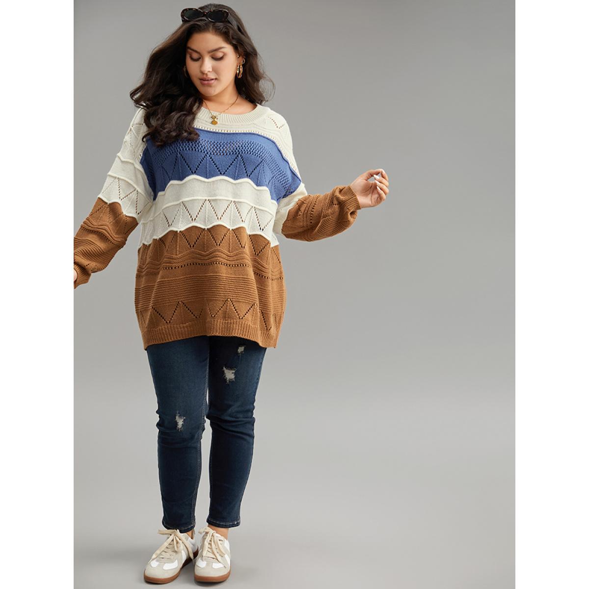 Plus Size Contrast Eyelet Patchwork Elastic Cuffs Pullover Multicolor Women Casual Loose Long Sleeve Round Neck Dailywear Pullovers BloomChic 22-24/3X Product Image