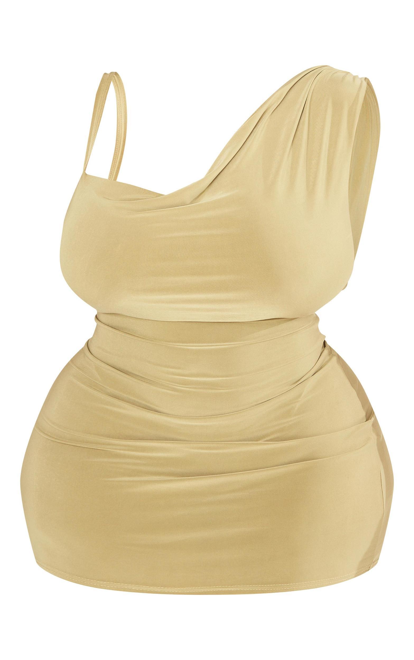 Plus Sage Green Strappy Shoulder Detail Cowl Neck Mini Dress Product Image