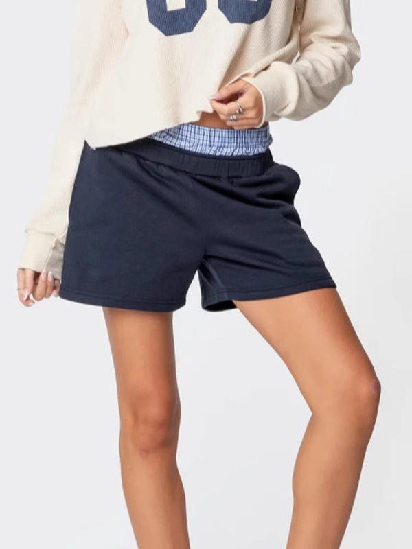 Patchwork Checkered Waistband Sports Casual Shorts Product Image