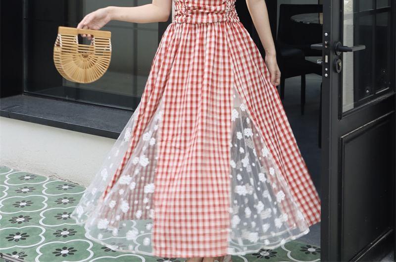 Strapless Gingham Lace Panel Ruched Maxi A-Line Dress Product Image