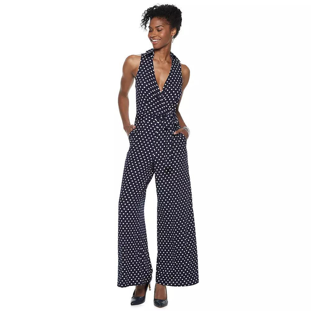 Women's Nina Leonard Print Collared Sleeveless Surplice Wide-Leg Jumpsuit, Size: Large, Blue Dot Product Image