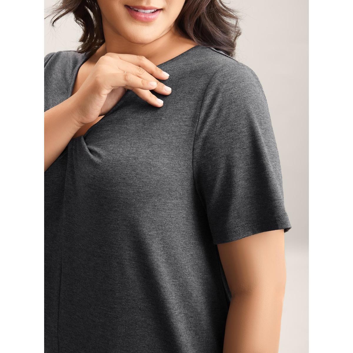 Plus Size Supersoft Cinched Neck Plain T-Shirt DimGray Women Twist Asymmetrical Neck Everyday-Casual T-shirts BloomChic 10/M Product Image