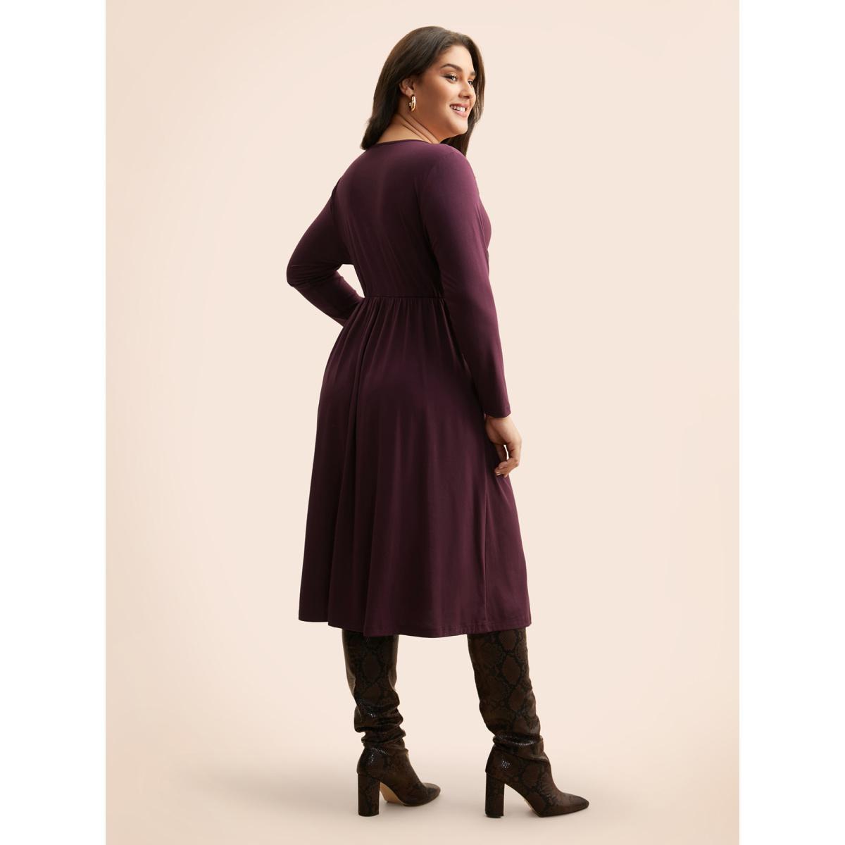 Plus Size Solid Metal Detail Midi Dress Deeppurplered Women Casual Belted V-neck Long Sleeve Curvy BloomChic 14-16/1X Product Image