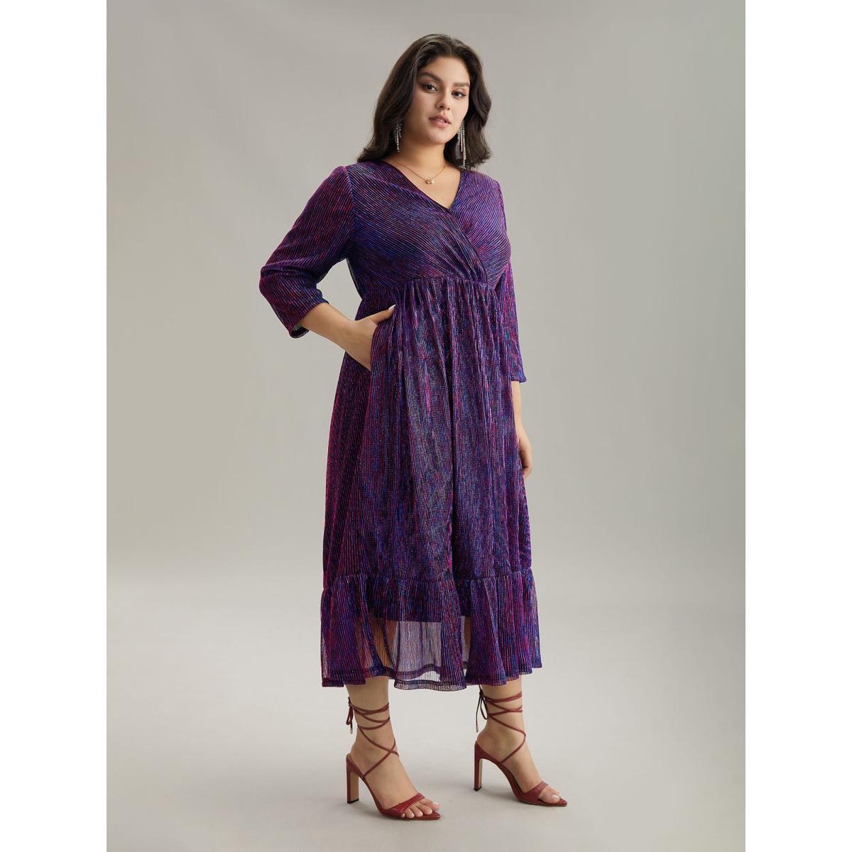 Plus Size Luxe Mesh Pleated Elastic Waist Wrap Dress Blackcurrant Women Party Texture Overlap Collar Elbow-length sleeve Curvy Midi Dress BloomChic 30/6X Product Image