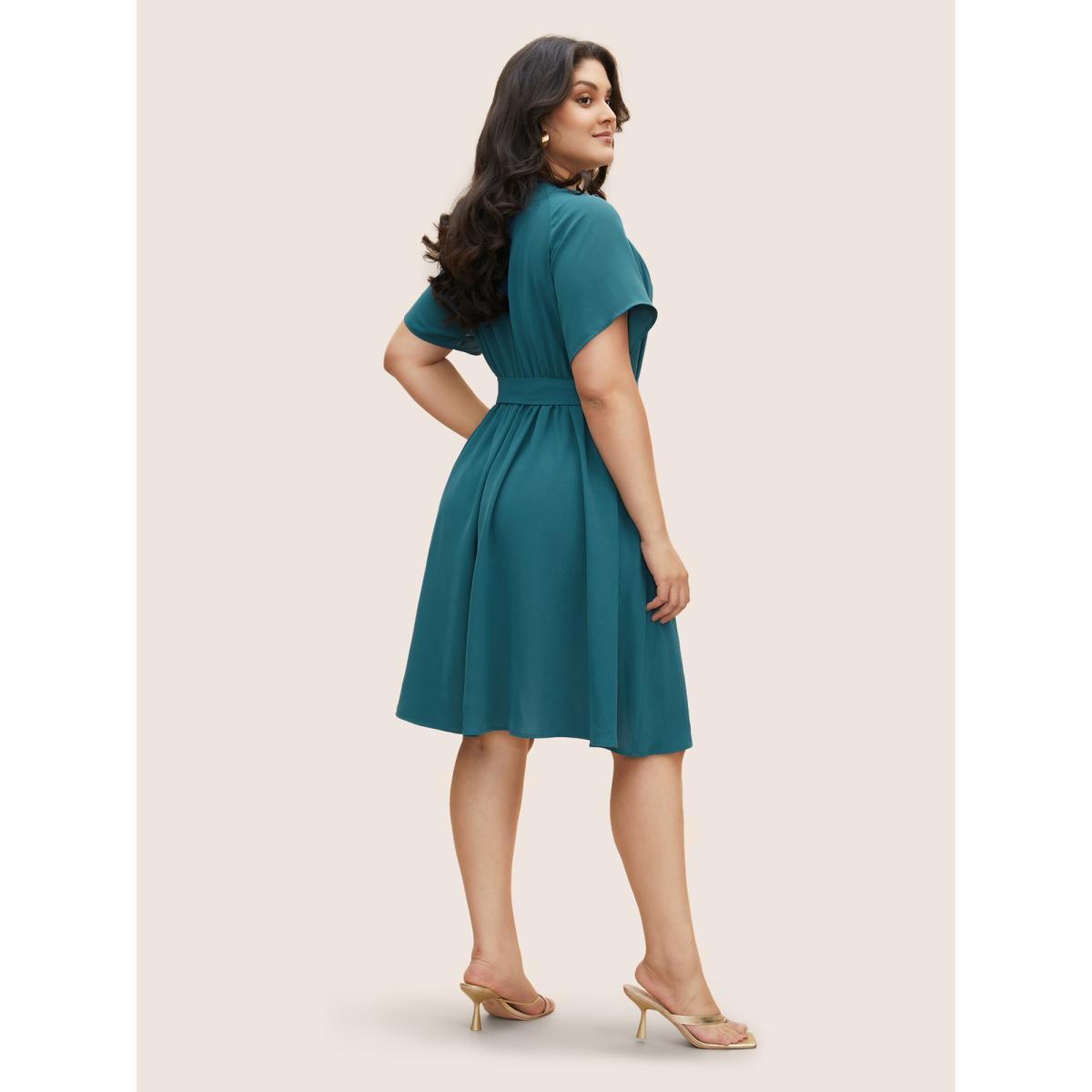 Plus Size Shirred Notched Button Up Belted Dress Aegean Women Elegant Gathered Flat collar with V-notch Short sleeve Curvy BloomChic 28/5X Product Image
