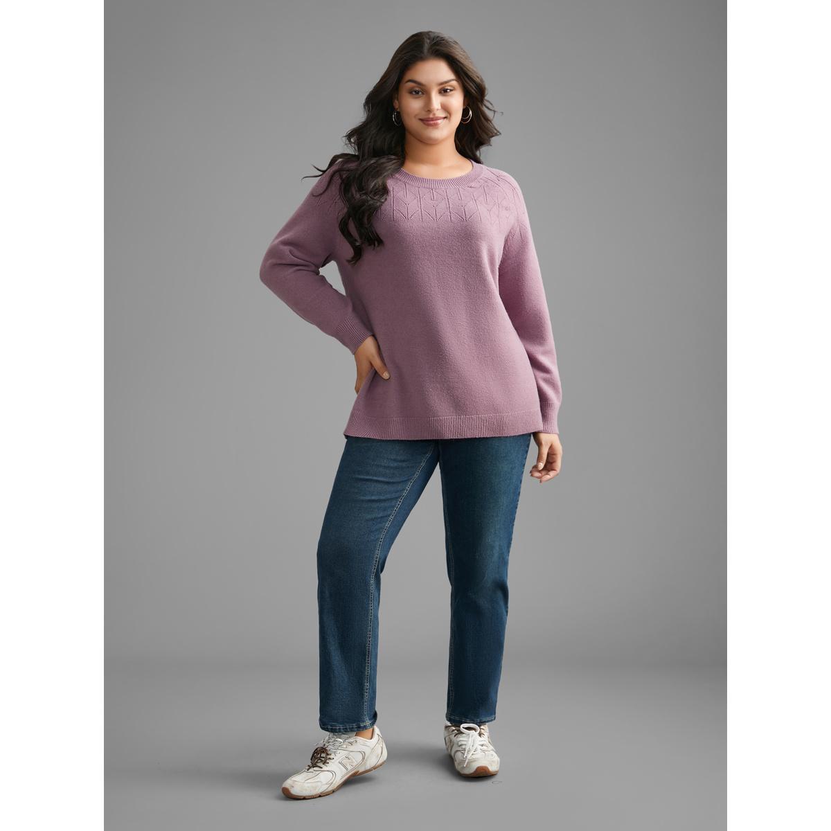 Plus Size Supersoft Essentials Solid Pointelle Knit Pullover Lilac Women Casual Loose Long Sleeve Round Neck Everyday Pullovers BloomChic 18-20/2X Product Image