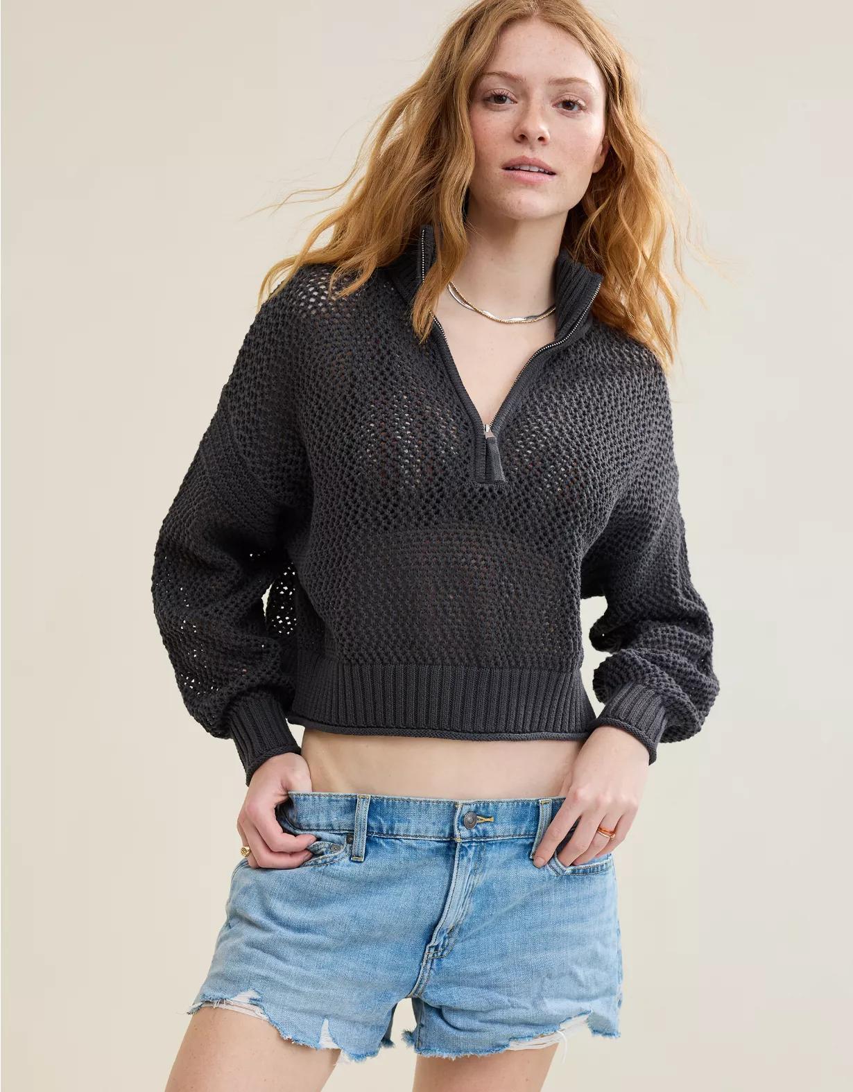 Aerie Crochet Quarter Zip Sweater Product Image