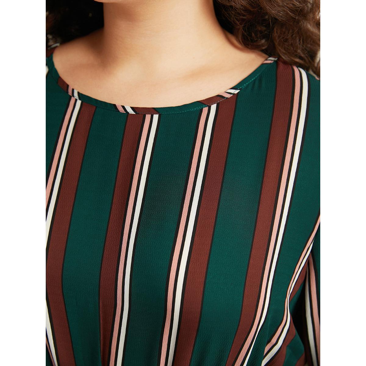 Plus Size Striped Contrast Crew Neck Belted Dress Multicolor Women Office Elastic cuffs Round Neck Long Sleeve Curvy Midi Dress BloomChic 10/M Product Image