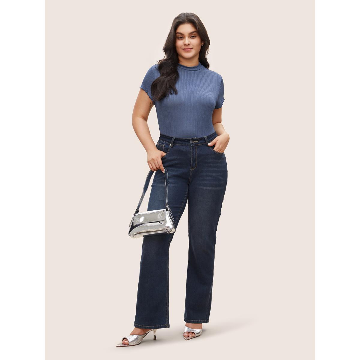 Plus Size Plain Textured Mock Neck Skinny T-shirt Stone Women Work From Home Non Plain Mock Neck Work T-shirts BloomChic 14-16/1X Product Image