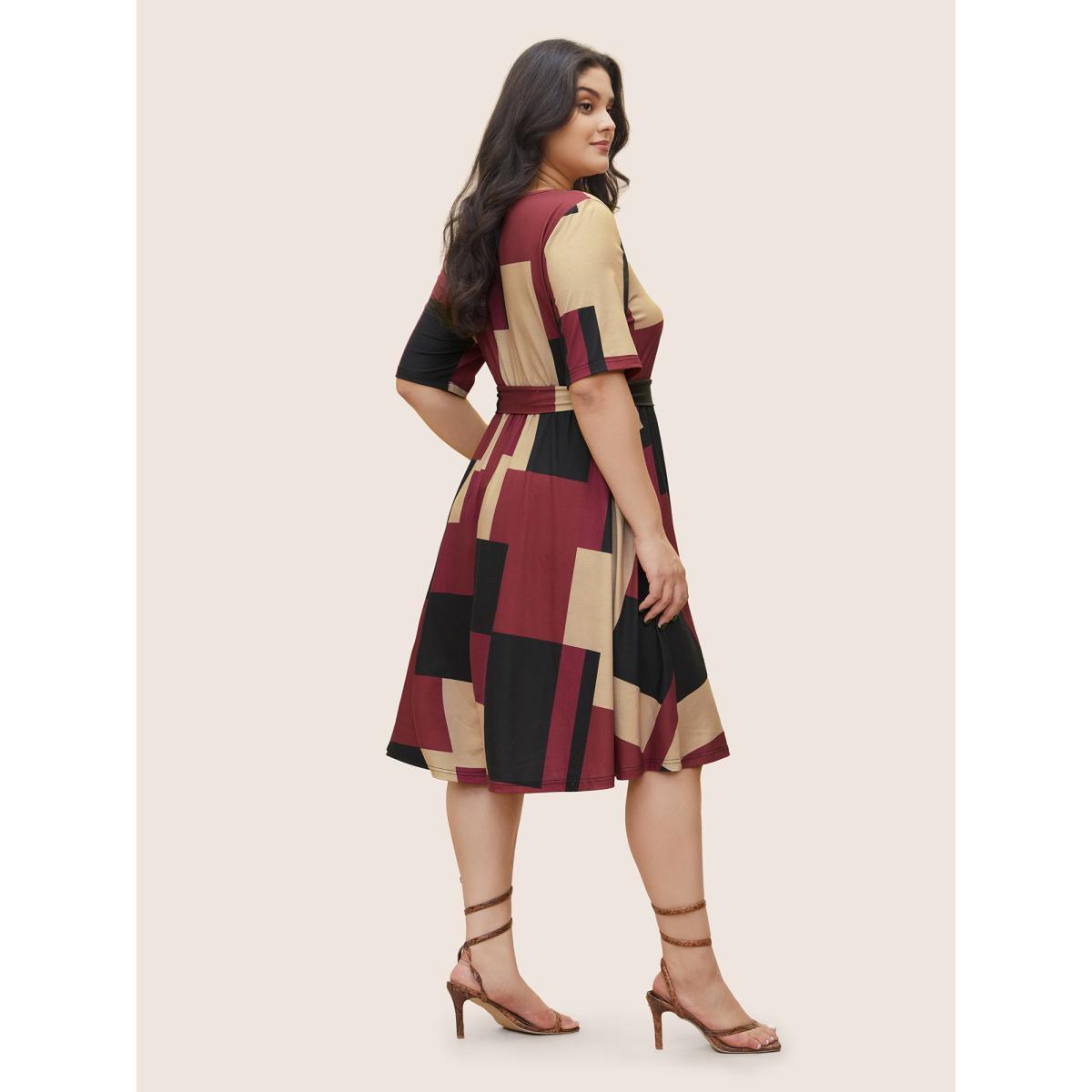 Plus Size Geometric Colorblock Contrast Square Neck Belted Dress Burgundy Women At the Office Non Square Neck Half Sleeve Curvy Midi Dress BloomChic 12/L Product Image